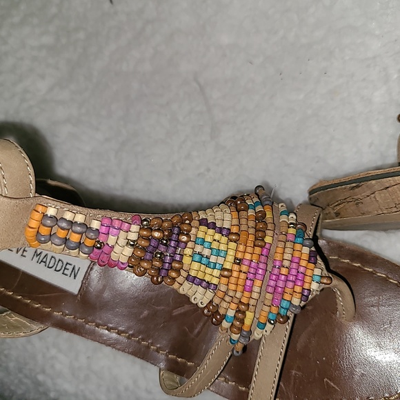 Steve Madden Y2K  S. 6 Brown Leather Multi Color Beaded  Bohemian Cork Wedges - Picture 4 of 9